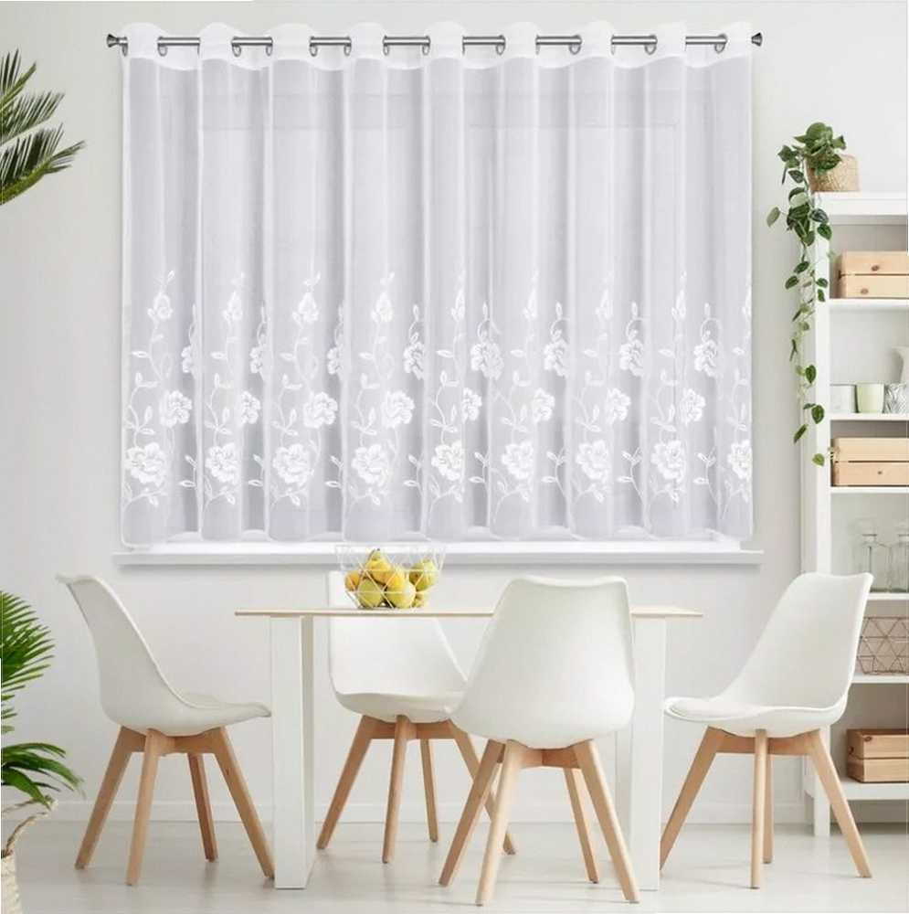 Eurofirany Balta poliesterio užuolaida su įdegio efektu, 350 x 150 cm, paruošta kabinti, siuvinėtas dizainas švelniam šviesos sklaidymui, dieninė užuolaida langams