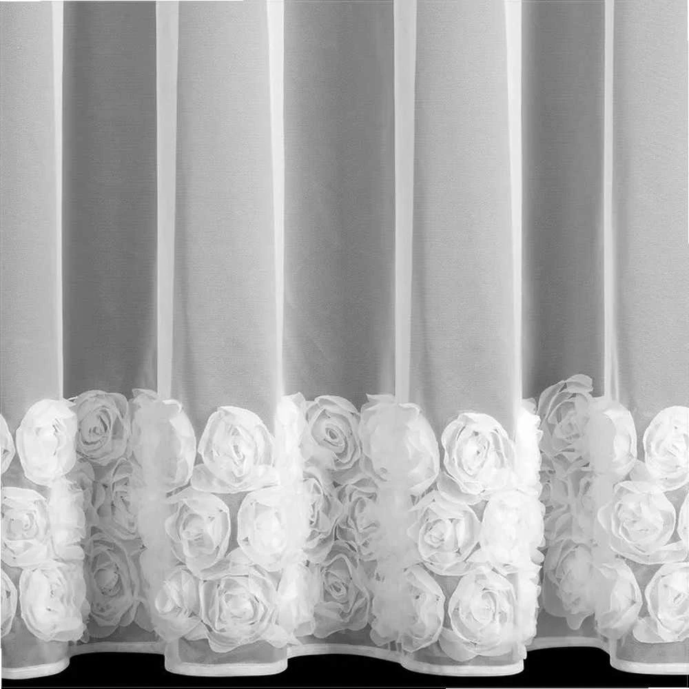 Eurofirany Balta tinklinė užuolaida su rožių rašto juostomis, 350x160 cm, paruošta kabinti, poliesterio langų danga, dekoratyvinė dieninė užuolaida, namų tekstilė
