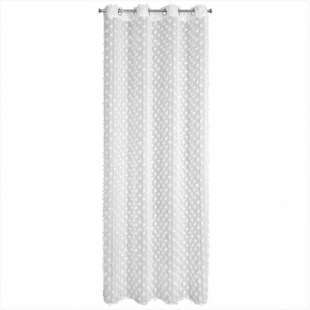 Eurofirany Balta užuolaida su pomponais, paruošta žiedinė užuolaida, dekoratyvinė langų apdaila, 135x250 cm permatoma užuolaida, lengva užuolaida