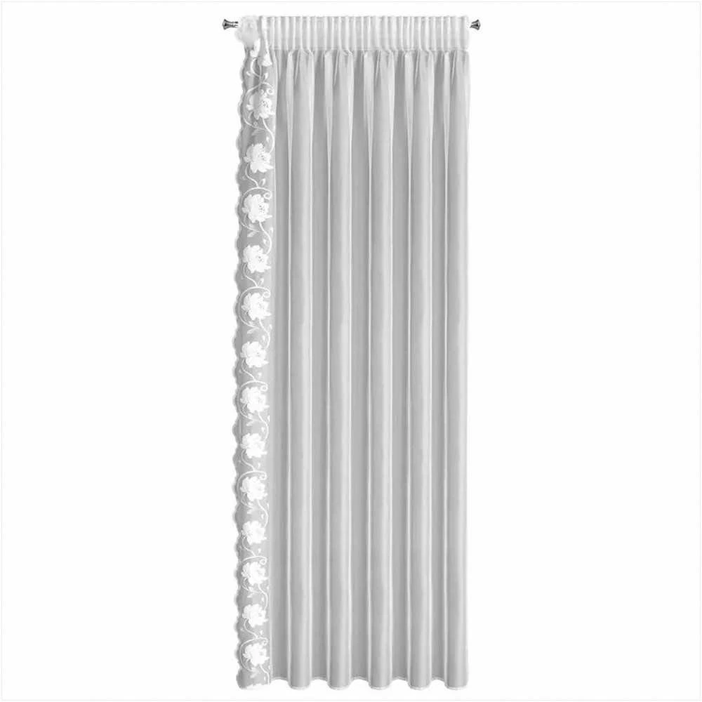 Eurofirany Baltos gėlėmis siuvinėtos poliesterio užuolaidos, 140x270 cm rinkinys su surišimu, paruoštos kabinti ant juostos, svetainės ir miegamojo langų dekoras, dieninės užuolaidos