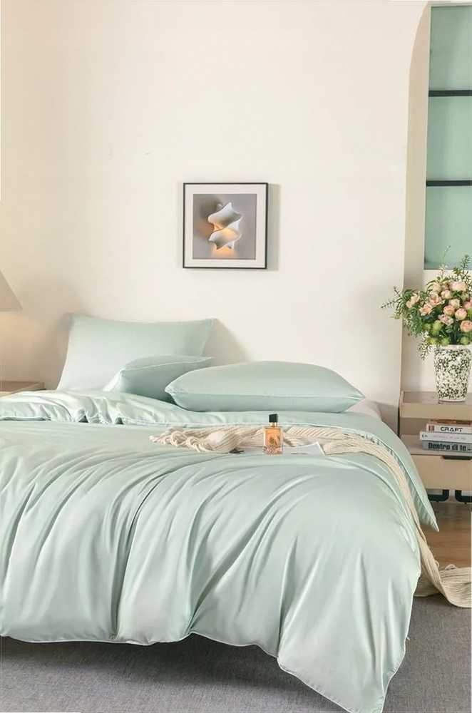 Bambukinės patalynės komplektas 140x200 cm, šalavijų žalia spalva, kvėpuojantis ir termoreguliuojantis, OEKO-TEX sertifikuotas, su užtrauktuku, vienspalvis dizainas, natūralus pluoštas