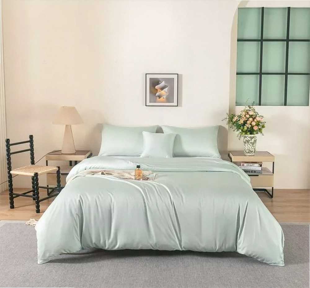 Bambukinės patalynės komplektas 140x200 cm, šalavijų žalia spalva, kvėpuojantis ir termoreguliuojantis, OEKO-TEX sertifikuotas, su užtrauktuku, vienspalvis dizainas, natūralus pluoštas