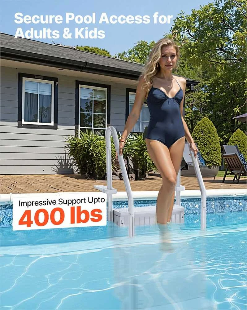 Baseino kopėčios su dvigubais turėklais, neslystančios pakopos 122–137 cm baseinams, didelės apkrovos 181 kg talpa, pilki baseino laiptai