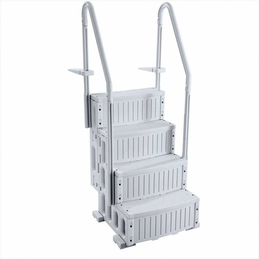 Baseino kopėčios su dvigubais turėklais, neslystančios pakopos 122–137 cm baseinams, didelės apkrovos 181 kg talpa, pilki baseino laiptai