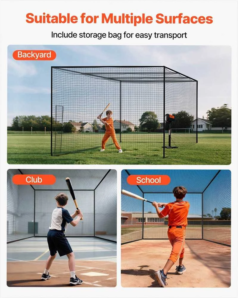 Beisbolo mušimo narvo nešiojamas tinklas, laisvai pastatomas treniruočių narvas vidaus ir lauko naudojimui, 30 sluoksnių HDPE tinklas, kelių sporto šakų treniruočių sprendimas
