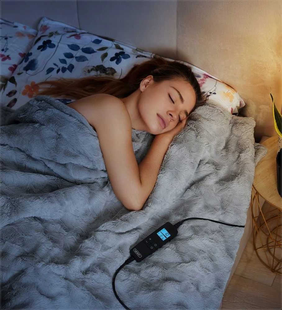 Bero Didelė elektrinė antklodė 180x160 cm, minkštas dvipusis pliušas, su LCD valdymu ir laikmačiu, skalbiamas elektrinis šildomas užtiesalas, pilka šildanti antklodė