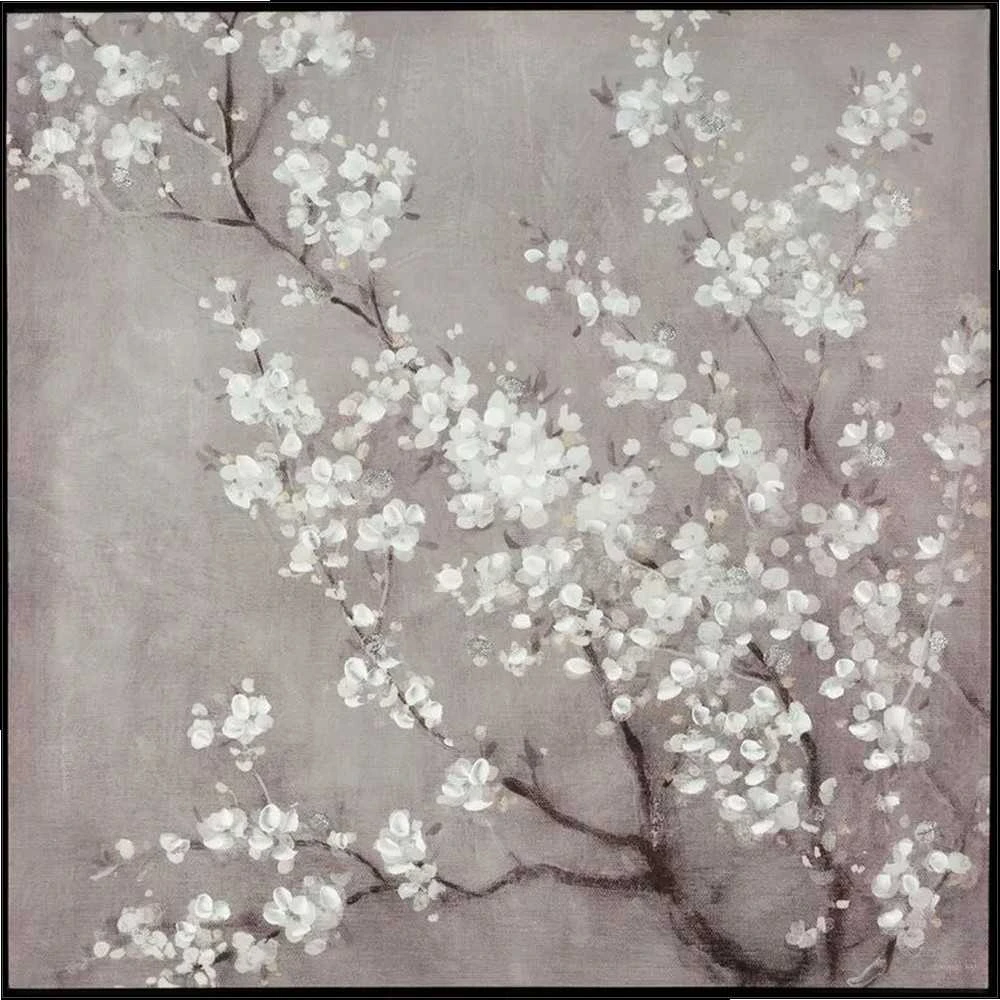Eurofirany Bėžinis sienos paveikslas su žydinčia šaka, rankomis tapyta drobė, 60x60 cm kvadratinis rėmas, natūralus elegantiškas dekoras svetainei ar miegamajam, interjero puošmena
