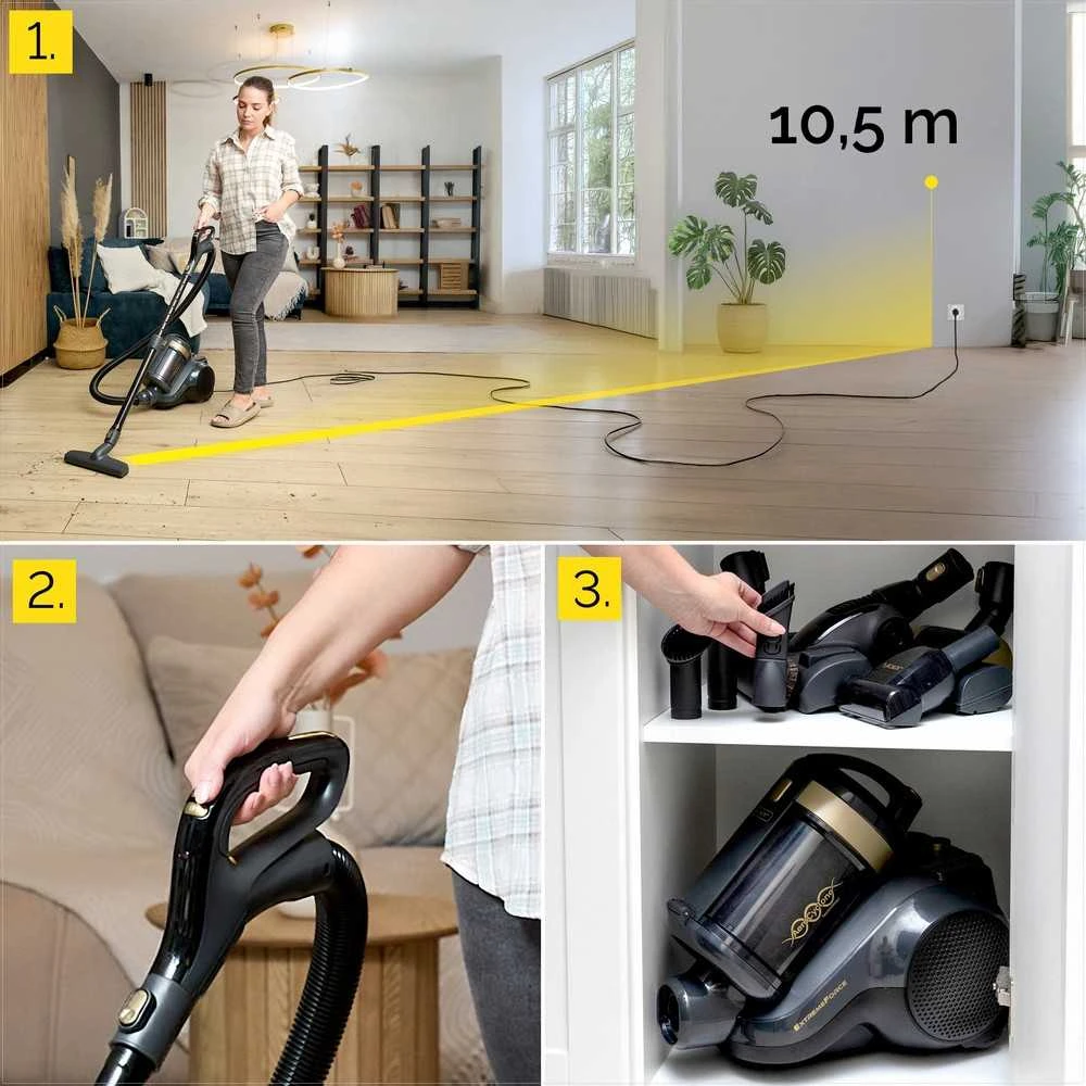 Cikloninis dulkių siurblys be maišelio 900W su HEPA filtravimu ir aromaterapija, nuotolinio valdymo pultas, 7 priedai, 10.5 m spindulys, cikloninis siurblys, HEPA dulkių siurblys, aromaterapinis siurblys