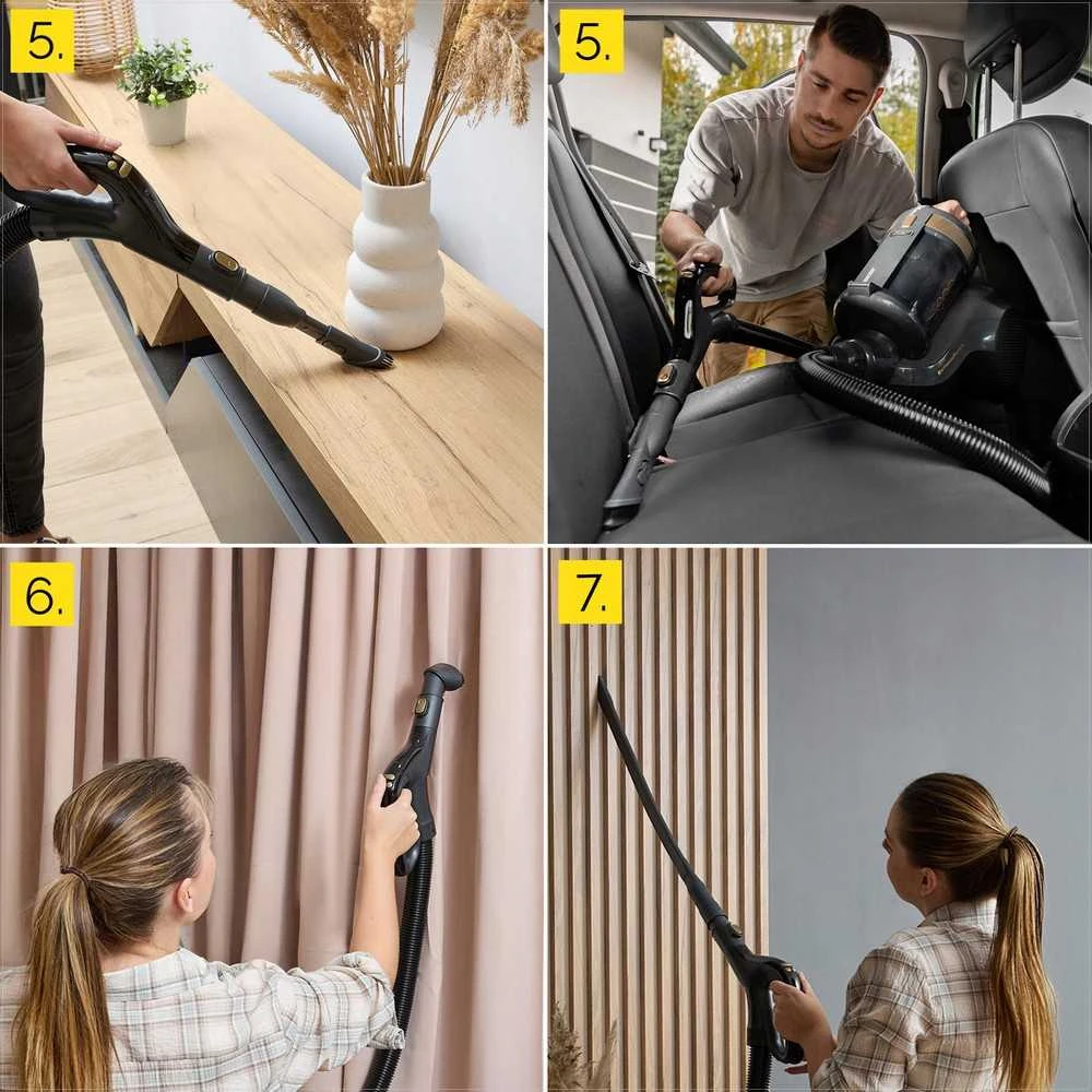 Cikloninis dulkių siurblys be maišelio 900W su HEPA filtravimu ir aromaterapija, nuotolinio valdymo pultas, 7 priedai, 10.5 m spindulys, cikloninis siurblys, HEPA dulkių siurblys, aromaterapinis siurblys