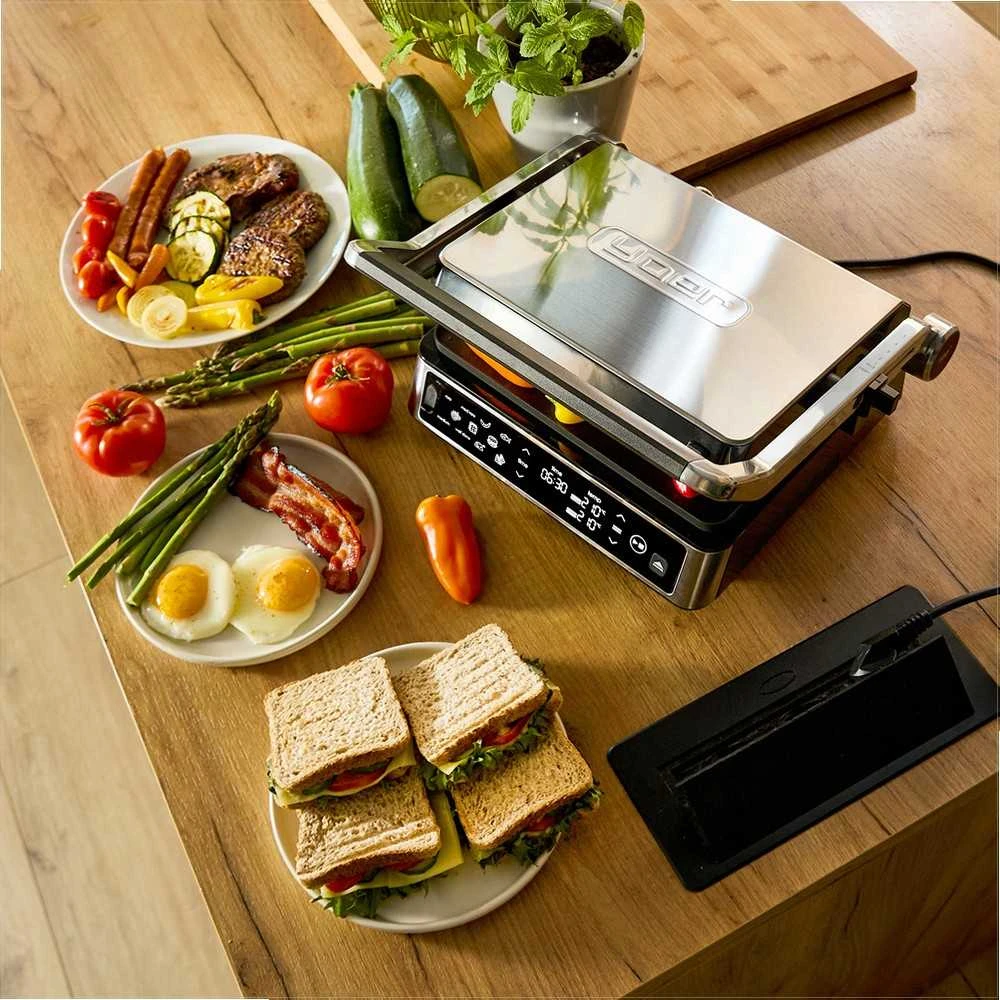 Craftgrill Elektrinis kontaktinis grilis 5-in-1 su mėsos zondu universaliam gaminimui, 2200W galia, keičiamos plokštės, reguliuojamos pozicijos, daugiafunkcis vidaus grilis, kepsninė su zondu