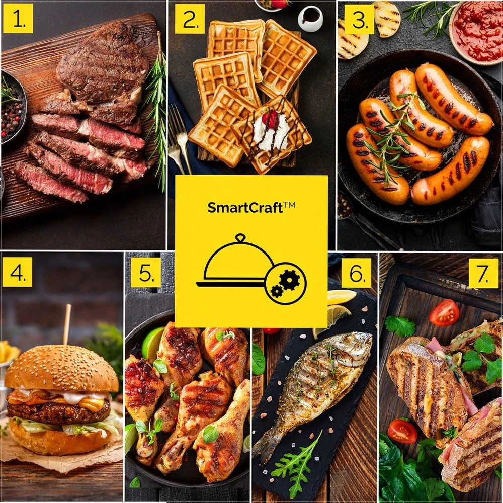 Craftgrill Elektrinis kontaktinis grilis 5-in-1 su mėsos zondu universaliam gaminimui, 2200W galia, keičiamos plokštės, reguliuojamos pozicijos, daugiafunkcis vidaus grilis, kepsninė su zondu