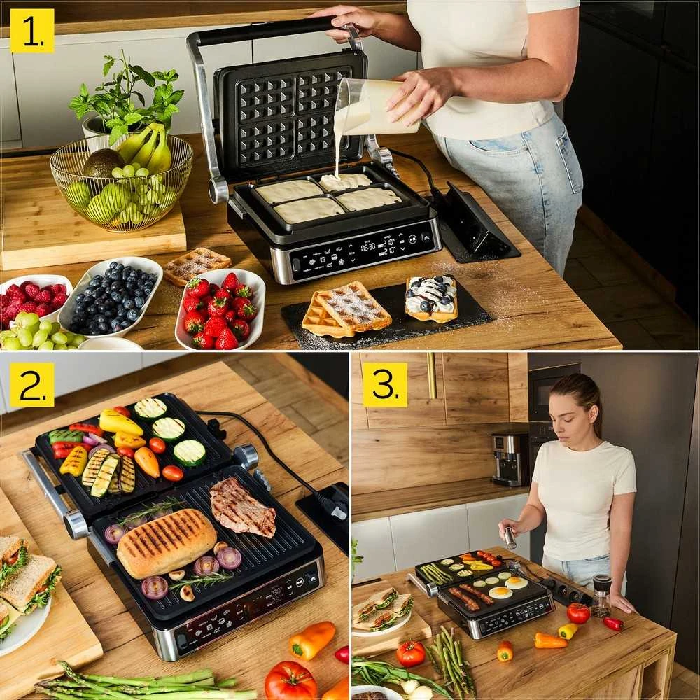 Craftgrill Elektrinis kontaktinis grilis 5-in-1 su mėsos zondu universaliam gaminimui, 2200W galia, keičiamos plokštės, reguliuojamos pozicijos, daugiafunkcis vidaus grilis, kepsninė su zondu