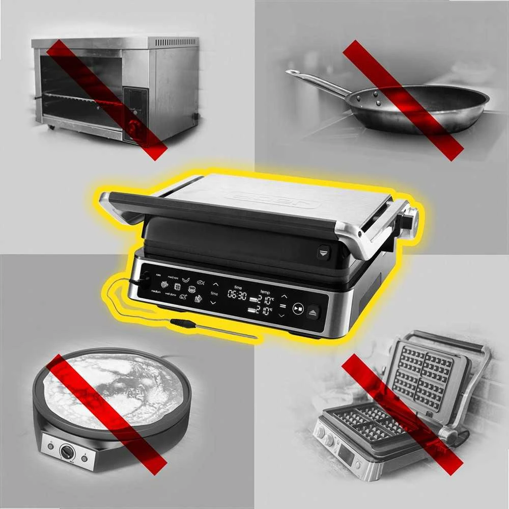 Craftgrill Elektrinis kontaktinis grilis 5-in-1 su mėsos zondu universaliam gaminimui, 2200W galia, keičiamos plokštės, reguliuojamos pozicijos, daugiafunkcis vidaus grilis, kepsninė su zondu