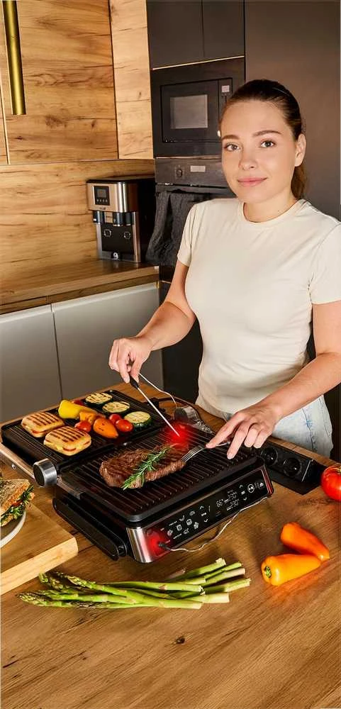 Craftgrill Elektrinis kontaktinis grilis 5-in-1 su mėsos zondu universaliam gaminimui, 2200W galia, keičiamos plokštės, reguliuojamos pozicijos, daugiafunkcis vidaus grilis, kepsninė su zondu