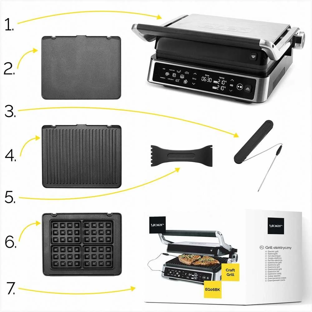 Craftgrill Elektrinis kontaktinis grilis 5-in-1 su mėsos zondu universaliam gaminimui, 2200W galia, keičiamos plokštės, reguliuojamos pozicijos, daugiafunkcis vidaus grilis, kepsninė su zondu
