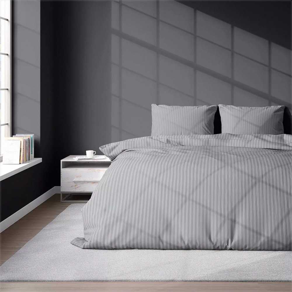Detexpol Damasko medvilnės patalynės komplektas, pilkas dryžuotas 160x200 cm, minkšta ir patvari patalynė, 3 dalių patalynės komplektas, dryžuotas patalynės komplektas, patalynė su užtrauktuku