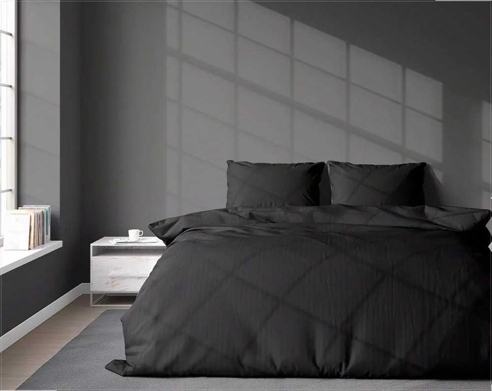 Damasko medvilnės patalynės komplektas, 160x200 cm, juostelių dizainas, minkšta ir patvari patalynė, juodas patalynės komplektas, patogi patalynė