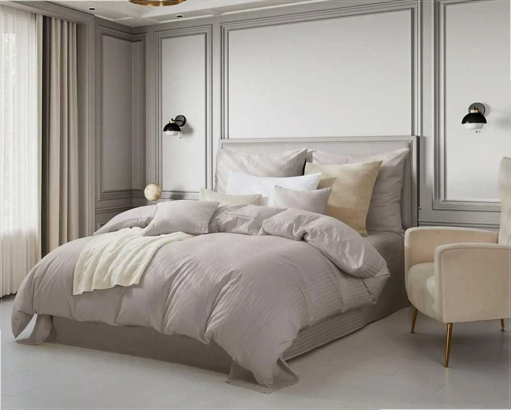 Damastinės medvilnės patalynės komplektas, 140x200 cm, taupe spalvos juostelėmis, viešbučio kokybės, minkšta ir patvari patalynė, hipoalerginė patalynė, satininė patalynė