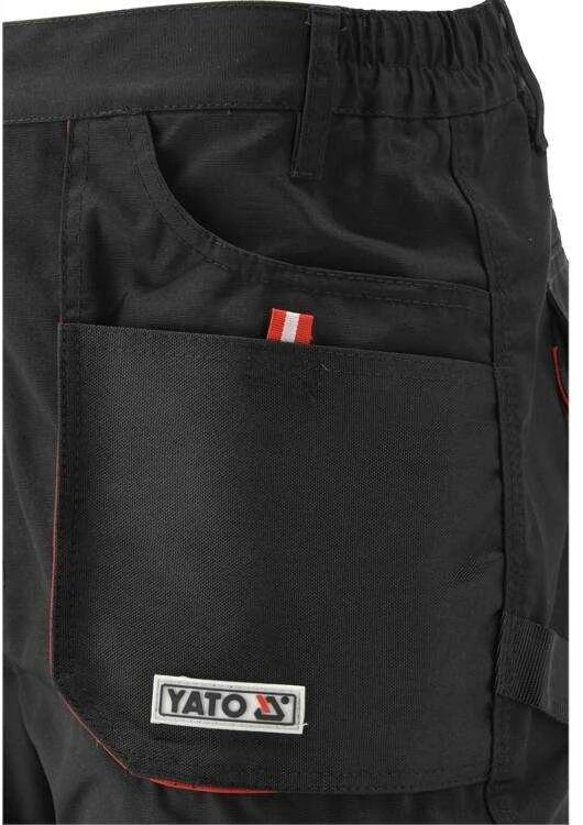 Darbo kelnės, dydis 2XL, devynios kišenės, juodos ir raudonos spalvos, patvari medžiaga