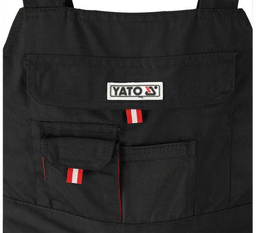 Darbo kombinezono kelnės su petnešomis, S dydis, su vienuolika kišenių, juodos ir raudonos spalvos, vyrams