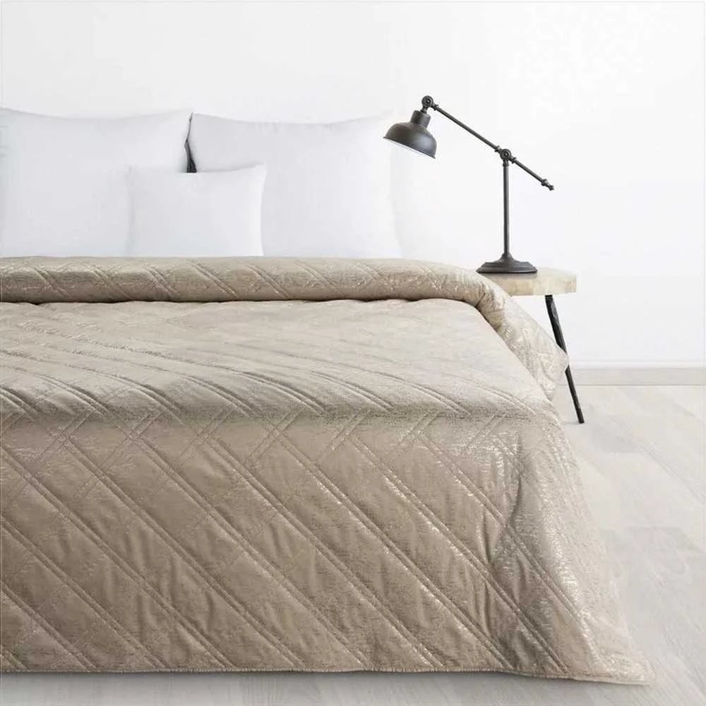 Eurofirany Dekoratyvinė lovatiesė 200x220 cm, smėlio spalvos languotas aksomas, lengvas užtiesalas viengulei lovai, sofos uždangalas, modernus namų dekoras Lovatiesė