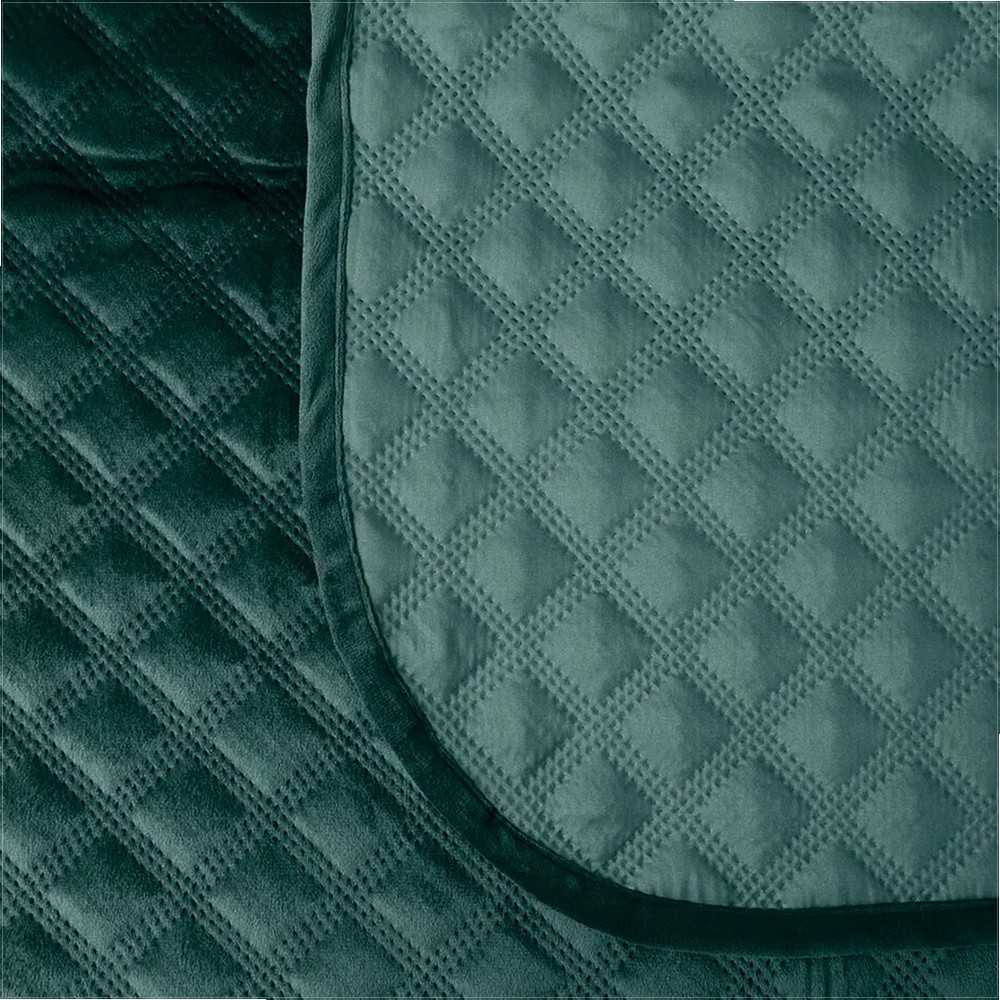 Dekoratyvinis lovos užtiesalas, geometrinis raštas, aksominis apvadas, melsvai žalia spalva, 220x240 cm, poliesterio pledas, minkšta lovatiese