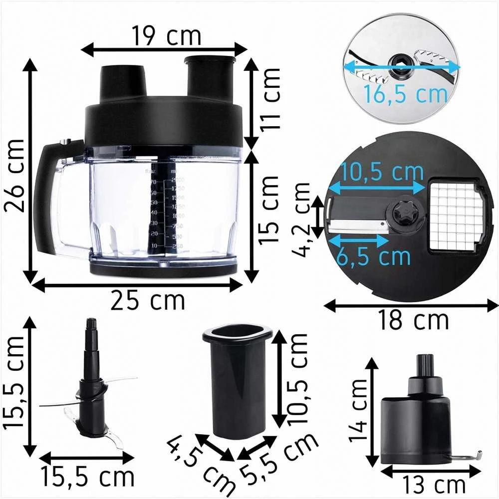Didelis 2.5 l „aštuoni viename“ rankinio trintuvo priedas, daugiafunkcis virtuvės kombainas, pjaustymas kubeliais, griežinėliais, smulkinimas, trynimas, tešlos kablys, daržovių pjaustyklė
