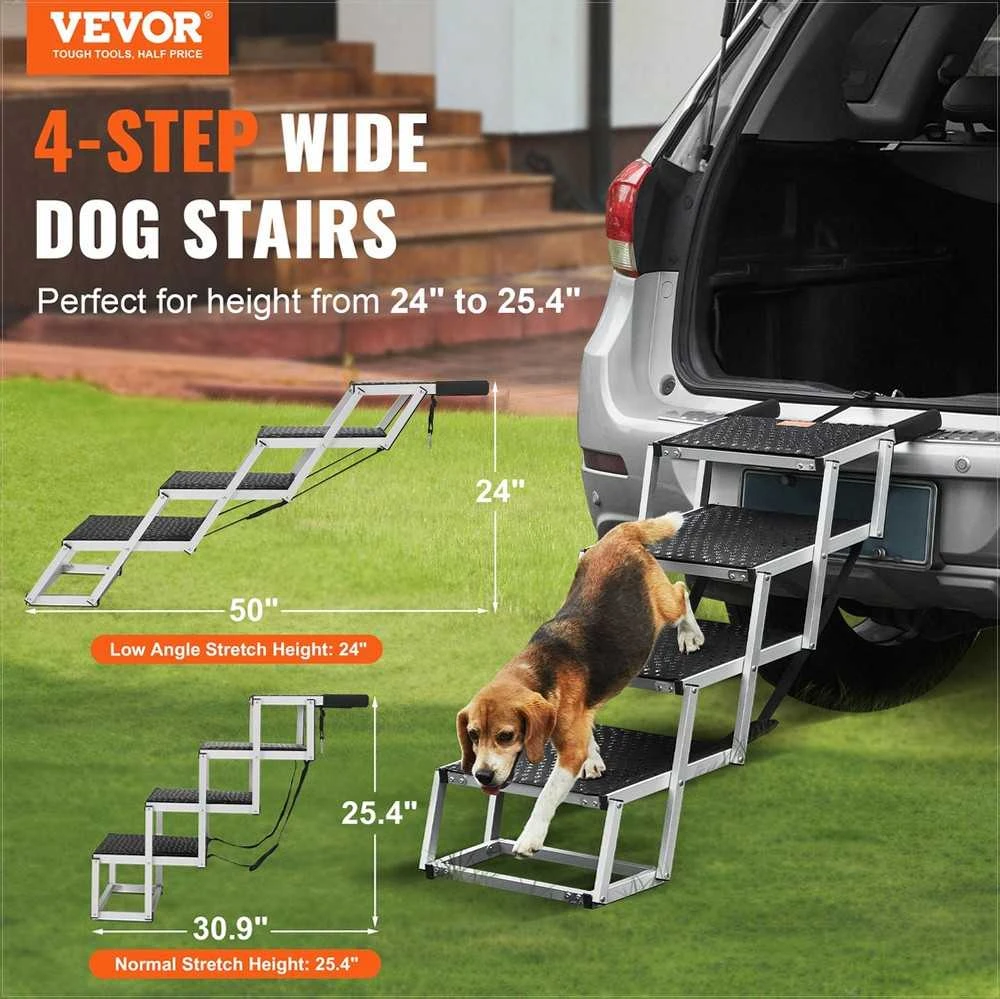 Dog stair for cars, folding aluminum steps for pets, 4‑step portable dog stairs, adjustable height dog ramp