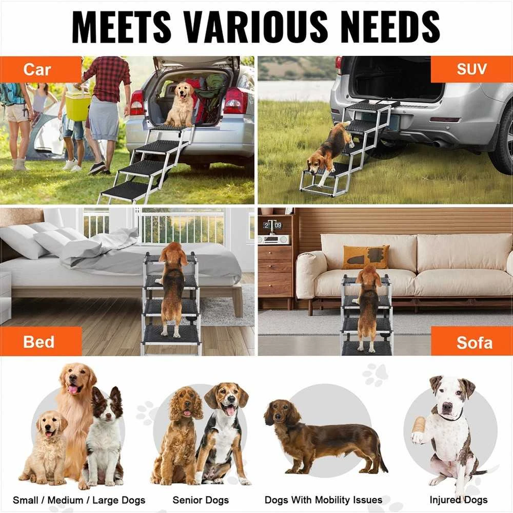 Dog stair for cars, folding aluminum steps for pets, 4‑step portable dog stairs, adjustable height dog ramp
