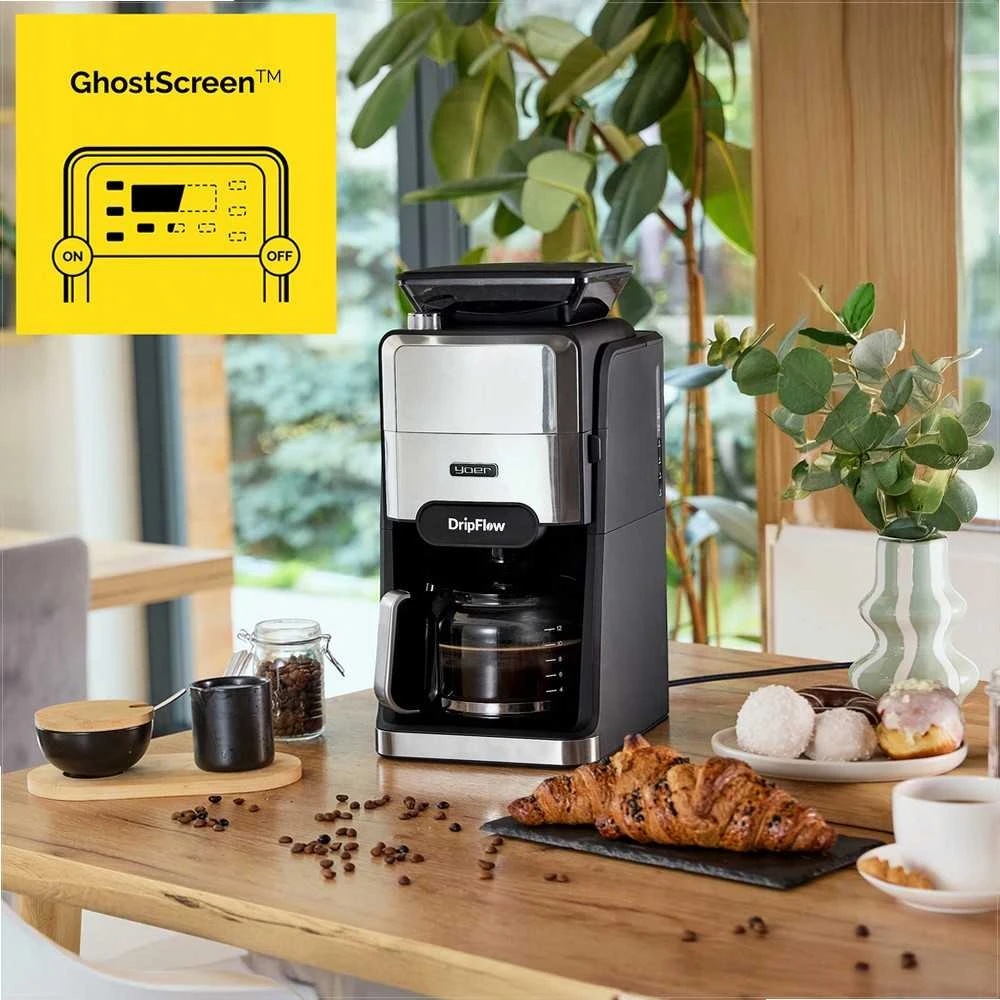 Dripflow Lašinis kavos aparatas su integruotu girnų malūnėliu namams, 1520W, 1.5 l vandens talpa, 24 valandų laikmatis, programuojamas kavos aparatas, automatinis malimas, virtuvės technika