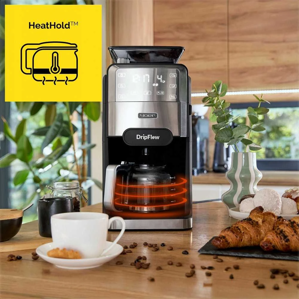 Dripflow Lašinis kavos aparatas su integruotu girnų malūnėliu namams, 1520W, 1.5 l vandens talpa, 24 valandų laikmatis, programuojamas kavos aparatas, automatinis malimas, virtuvės technika