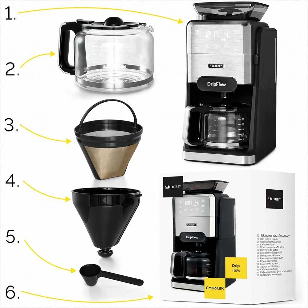 Dripflow Lašinis kavos aparatas su integruotu girnų malūnėliu namams, 1520W, 1.5 l vandens talpa, 24 valandų laikmatis, programuojamas kavos aparatas, automatinis malimas, virtuvės technika