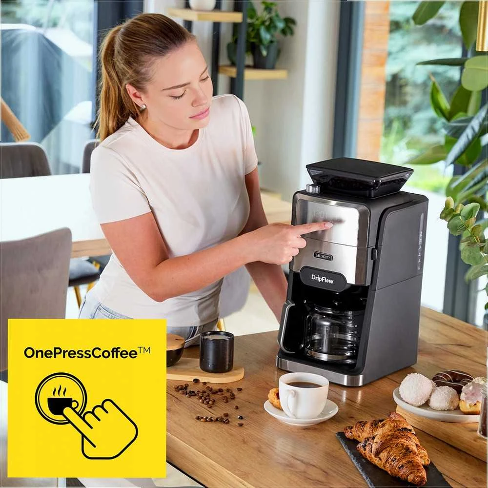 Dripflow Lašinis kavos aparatas su integruotu girnų malūnėliu namams, 1520W, 1.5 l vandens talpa, 24 valandų laikmatis, programuojamas kavos aparatas, automatinis malimas, virtuvės technika