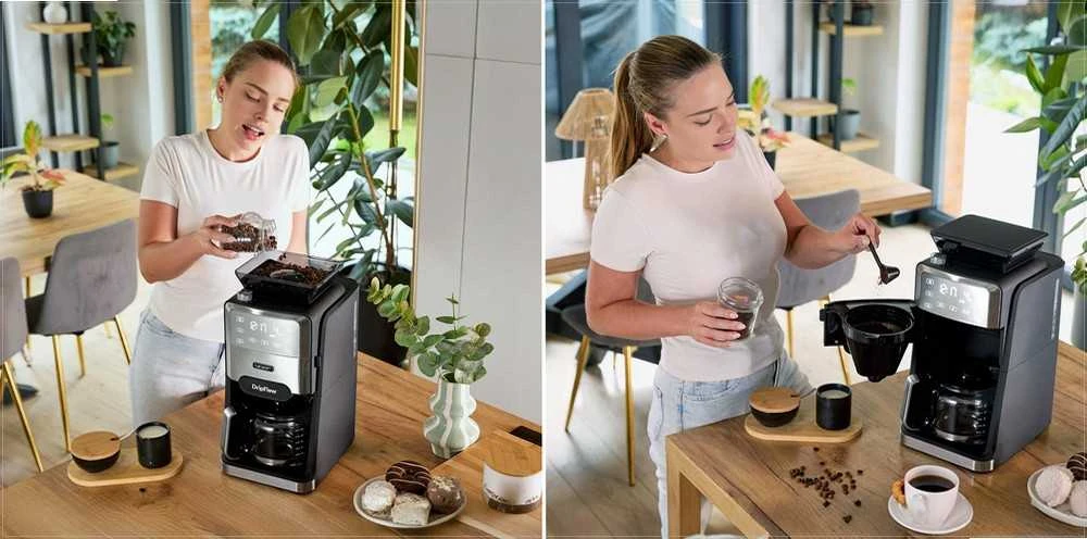 Dripflow Lašinis kavos aparatas su integruotu girnų malūnėliu namams, 1520W, 1.5 l vandens talpa, 24 valandų laikmatis, programuojamas kavos aparatas, automatinis malimas, virtuvės technika