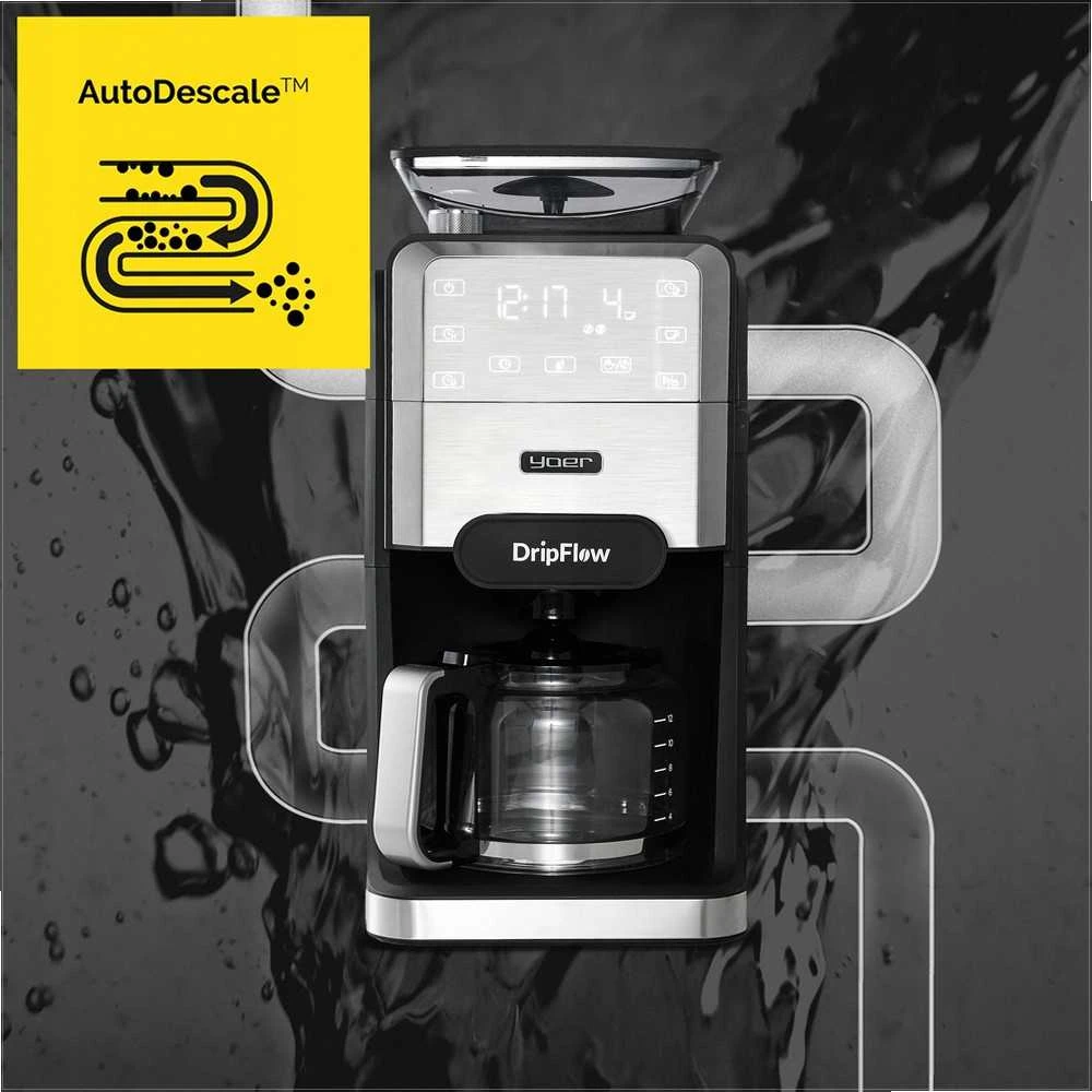 Dripflow Lašinis kavos aparatas su integruotu girnų malūnėliu namams, 1520W, 1.5 l vandens talpa, 24 valandų laikmatis, programuojamas kavos aparatas, automatinis malimas, virtuvės technika