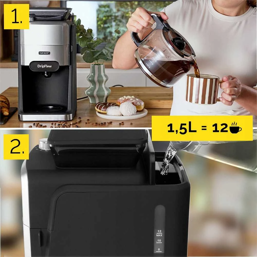 Dripflow Lašinis kavos aparatas su integruotu girnų malūnėliu namams, 1520W, 1.5 l vandens talpa, 24 valandų laikmatis, programuojamas kavos aparatas, automatinis malimas, virtuvės technika