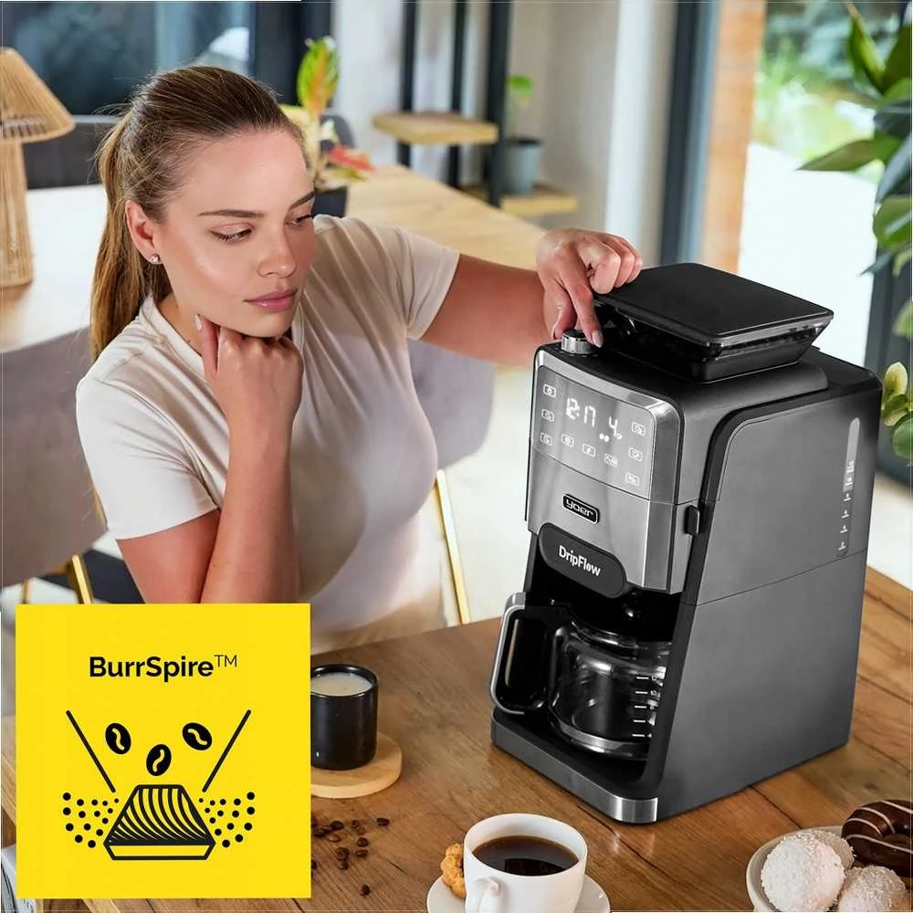 Dripflow Lašinis kavos aparatas su integruotu girnų malūnėliu namams, 1520W, 1.5 l vandens talpa, 24 valandų laikmatis, programuojamas kavos aparatas, automatinis malimas, virtuvės technika