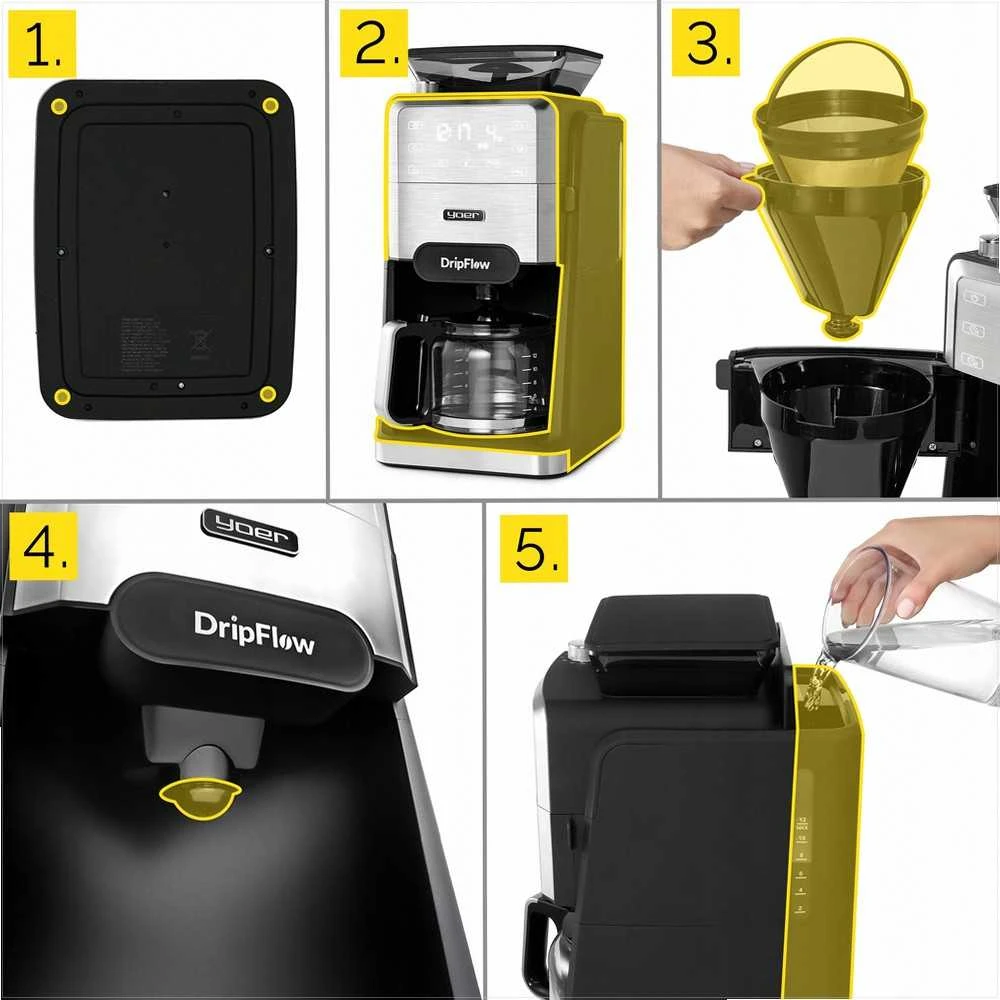 Dripflow Lašinis kavos aparatas su integruotu girnų malūnėliu namams, 1520W, 1.5 l vandens talpa, 24 valandų laikmatis, programuojamas kavos aparatas, automatinis malimas, virtuvės technika