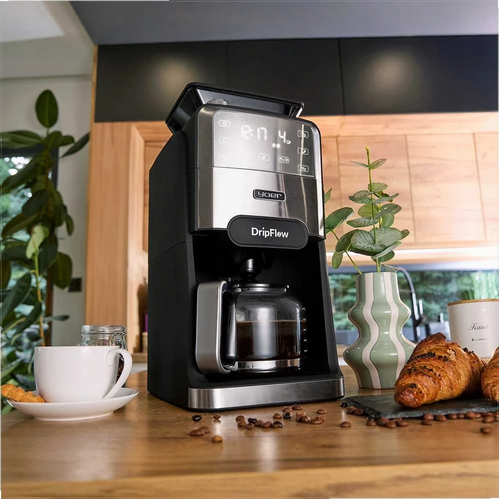 Dripflow Lašinis kavos aparatas su integruotu girnų malūnėliu namams, 1520W, 1.5 l vandens talpa, 24 valandų laikmatis, programuojamas kavos aparatas, automatinis malimas, virtuvės technika