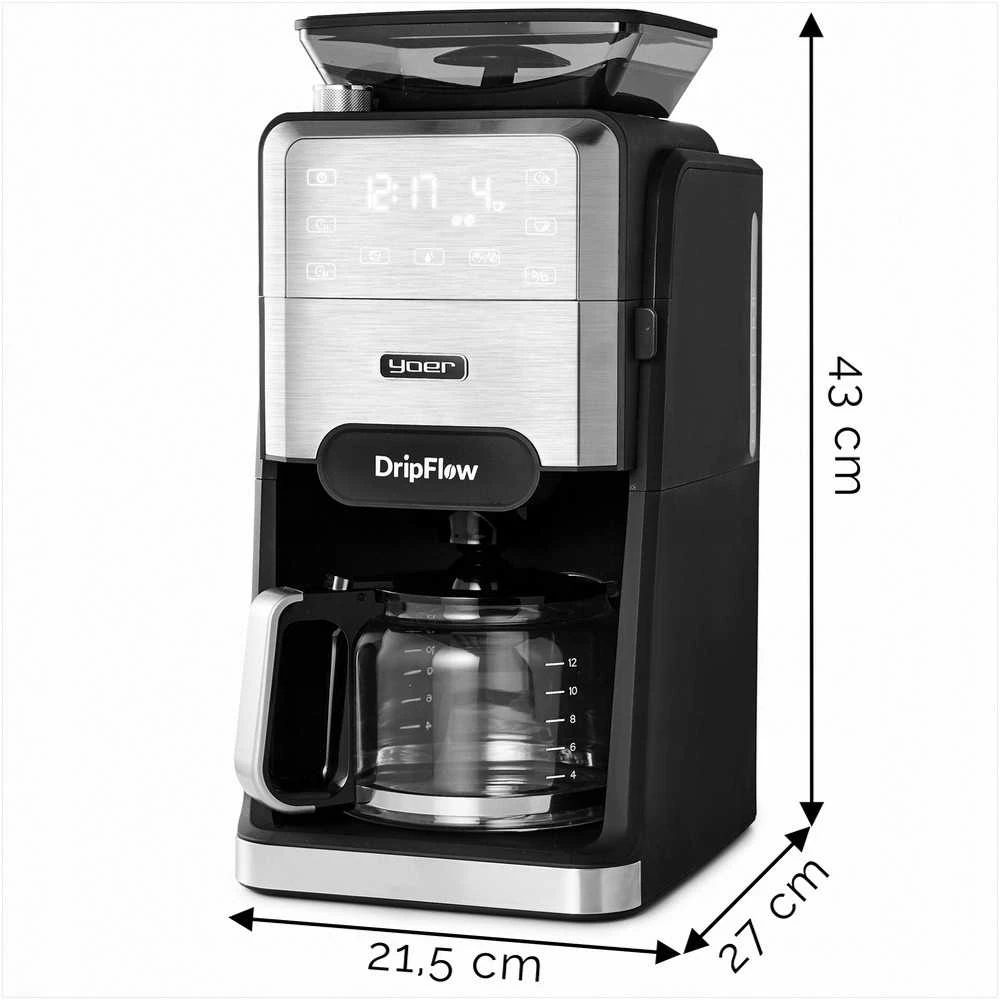 Dripflow Lašinis kavos aparatas su integruotu girnų malūnėliu namams, 1520W, 1.5 l vandens talpa, 24 valandų laikmatis, programuojamas kavos aparatas, automatinis malimas, virtuvės technika