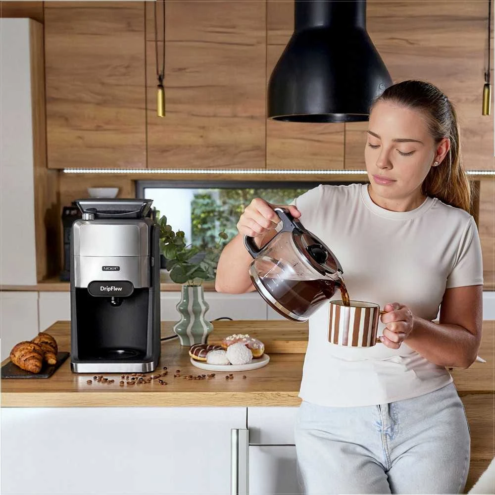 Dripflow Lašinis kavos aparatas su integruotu girnų malūnėliu namams, 1520W, 1.5 l vandens talpa, 24 valandų laikmatis, programuojamas kavos aparatas, automatinis malimas, virtuvės technika