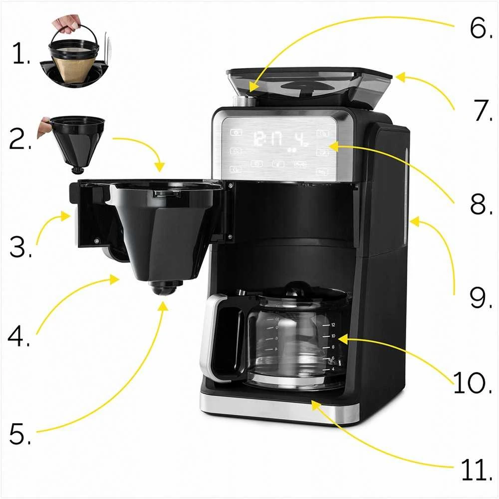 Dripflow Lašinis kavos aparatas su integruotu girnų malūnėliu namams, 1520W, 1.5 l vandens talpa, 24 valandų laikmatis, programuojamas kavos aparatas, automatinis malimas, virtuvės technika