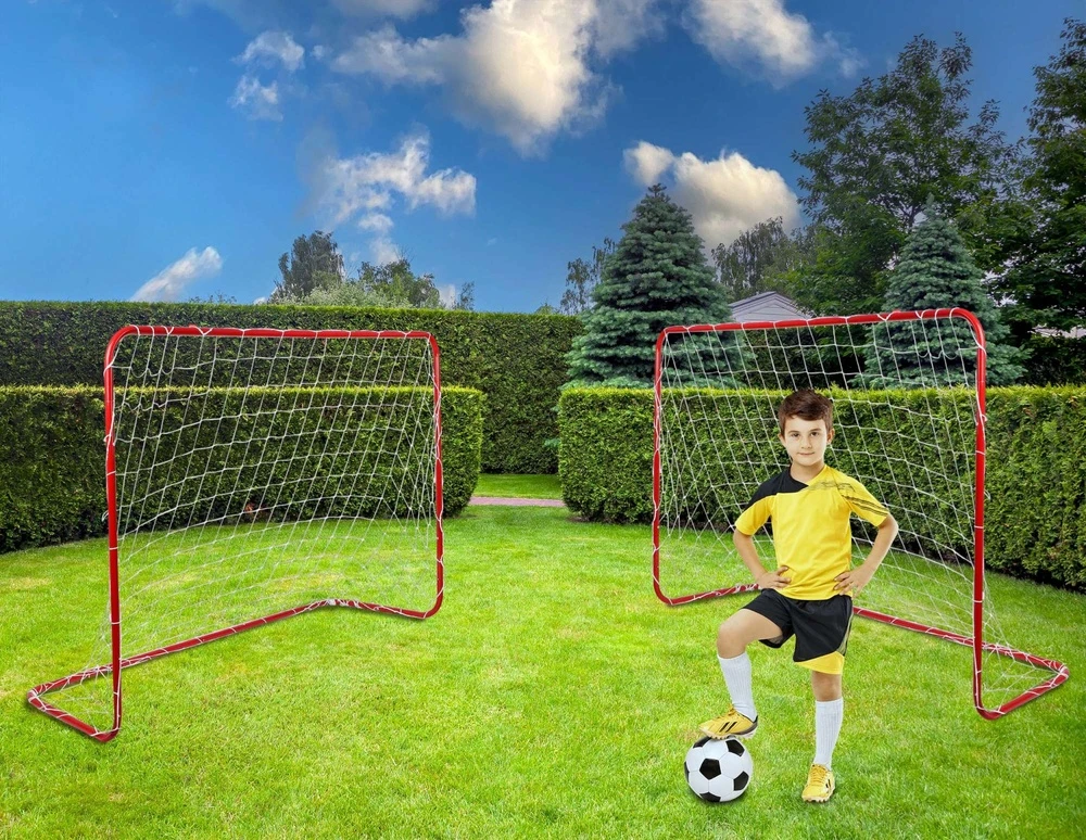 Dveji futbolo vartai vaikams, raudoni, plieniniai, sodo, 122x183x61 cm, futbolo varteliai, lauko žaidimams, treniruotėms