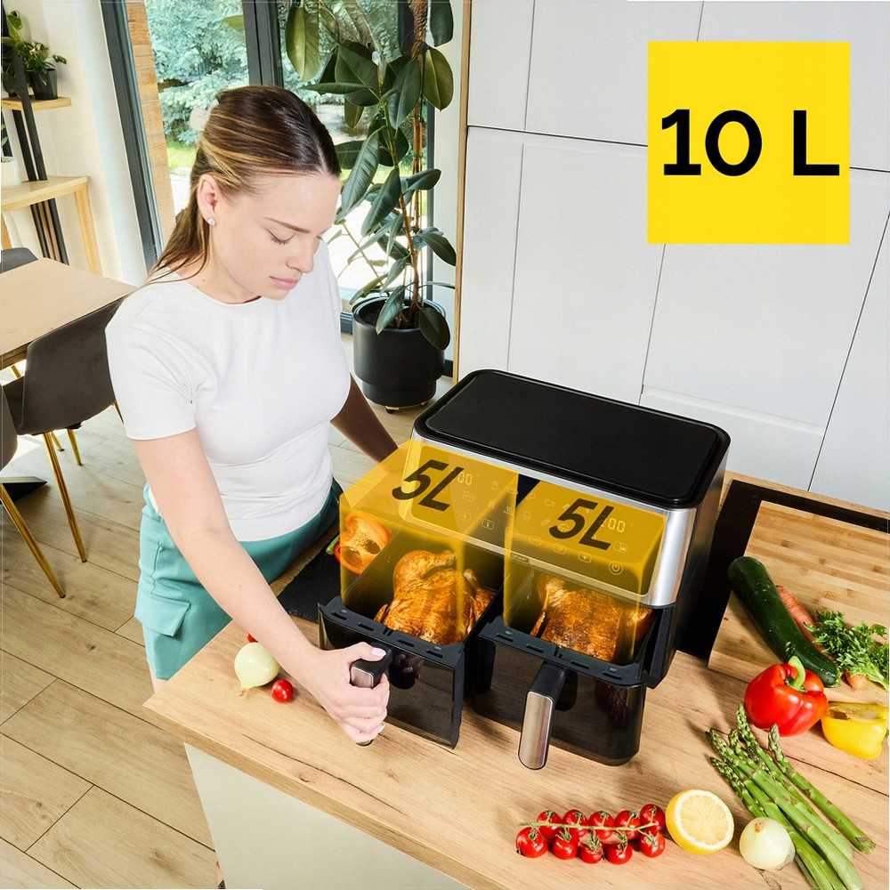 Dviejų kamerų karšto oro gruzdintuvė 10 litrų, didelės galios 6-in-1 daugiafunkcinė gruzdintuvė, 10L dviejų zonų oro gruzdintuvė, sveiko maisto gaminimo prietaisas