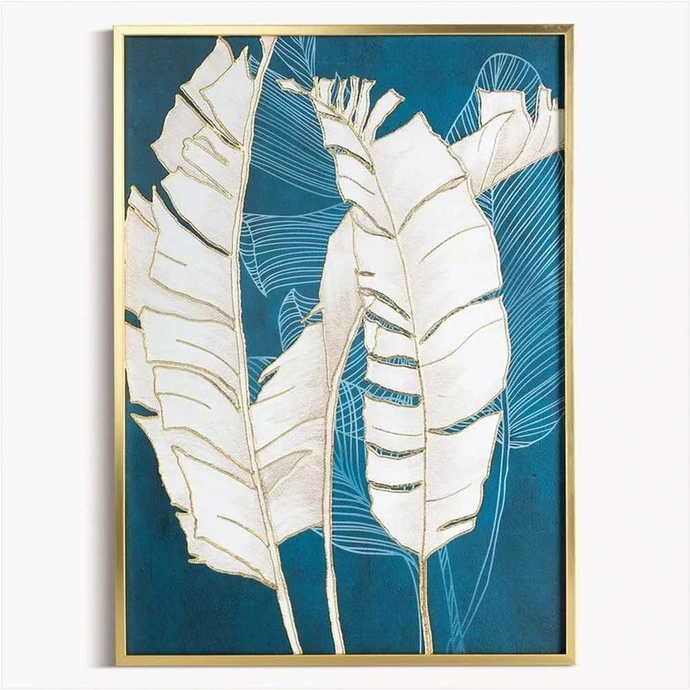 Eurofirany Egzotinių lapų sienų paveikslas, turkio ir aukso drobės paveikslas, tropinis dekoras svetainei, 50x70 cm dekoratyvinis paveikslas