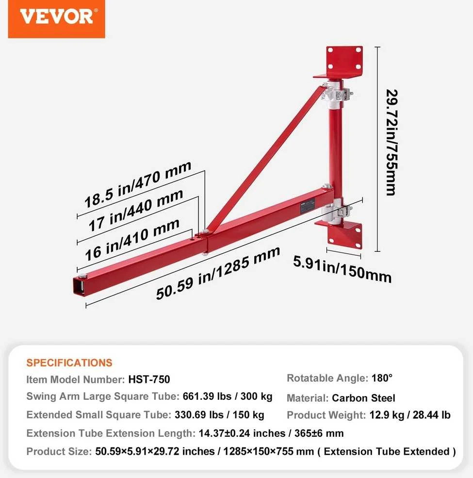 VEVOR Elektrinio keltuvo atraminė ranka, 299 kg, anglinio plieno, 180° pasukama