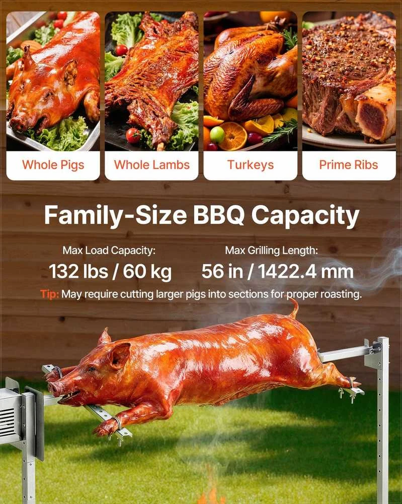Elektrinis iešmo kepsninės rinkinys lauko vakarėliams, 8 aukščio lygiai, 60 kg talpa, nerūdijantis plienas, iešmo kepsninė, BBQ iešmas, lauko kepsninės rinkinys