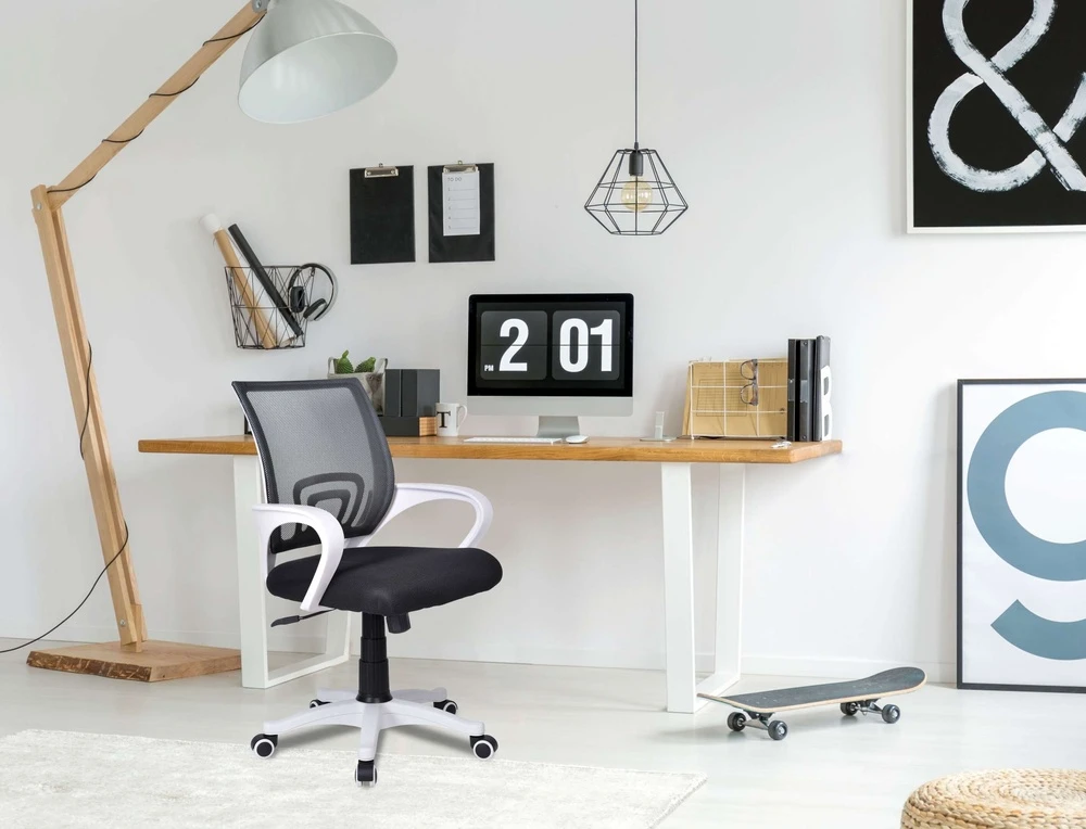 Ergonomiška biuro kėdė, balta/juoda, reguliuojamas aukštis, atlošiama nugara, TILT mechanizmas, tinklinė nugara, darbo kėdė, kompiuterio kėdė
