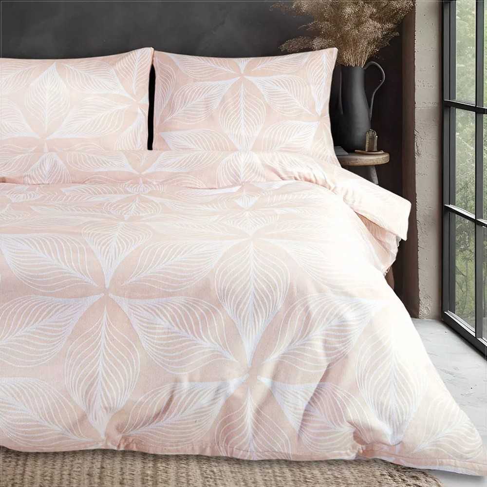 Flanelės patalynės komplektas 160x200 cm, minkšta medvilninė flanelė, gėlių geometrinis raštas, šilta žieminė patalynė, rožinis ir baltas patalynės komplektas, patalynė su užtrauktuku