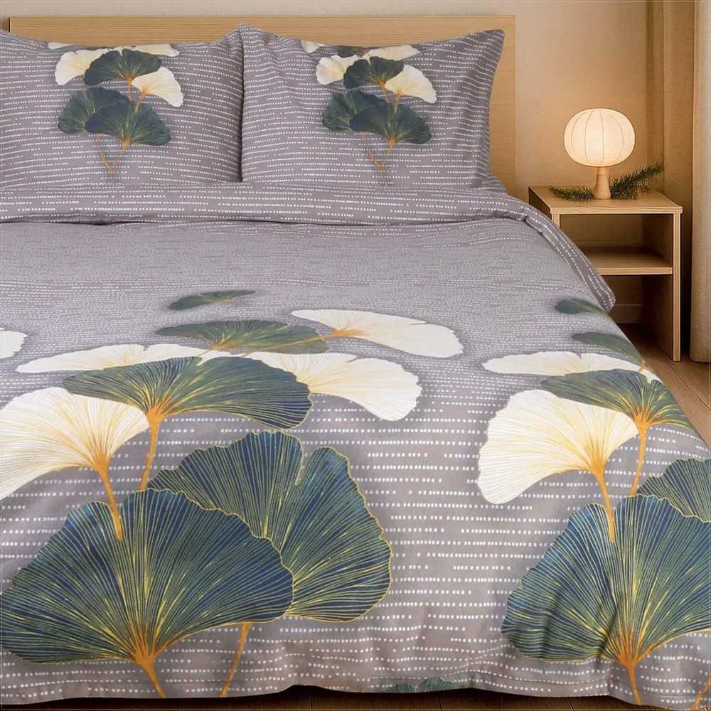 Flanelinės patalynės komplektas 180x200 cm, 100% medvilnė, šilta ir minkšta, ginkmedžio lapų raštas, užtrauktukas, rudeniui ir žiemai, miegamojo tekstilė